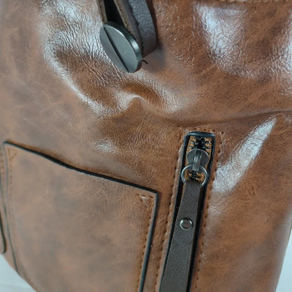 Brown Soft Vegan Leather Satchel Handbag Multi-Pocket Organizer Purse NEW